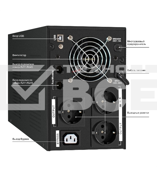 Источник бесперебойного питания (инвертор, синус, для котла) ExeGate SineTower SN-2000.LCD.AVR.3SH.1C13.RJ.USB 2000VA/1600W, чистая синусоида, LCD дисплей, AVR, 3*Schuko+1*C13, RJ45/11, USB, линейно-интерактивный, черный