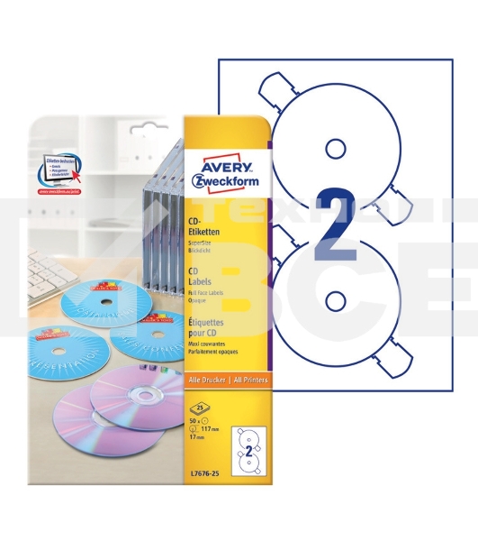 Этикетки самоклеящиеся Avery Zweckform CD/DVD L7676-25 A4, 196 г/м2, 50 л, покрытие супер глянец, белый