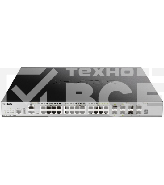 Коммутатор Managed L3 Stackable Switch 20x1000Base-T PoE, 4x10GBase-X SFP+, 4xCombo 1000Base-T PoE/SFP, PoE Budget 370W (740W with DPS-700), Surge 6KV, CLI, 1000Base-T Management, RJ45 Console, mini-USB Console, USB, RPS, Alarm RJ-45, Dying Gasp, Standard