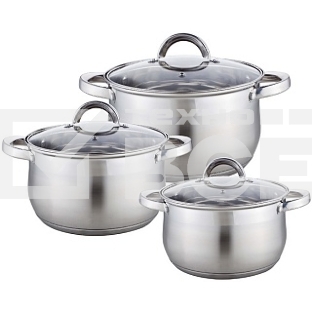 Набор посуды WEBBER BE-617/6 из нерж.стали 6 пр. 2,9л, 5,1л, 6,6л со стеклянными крышками В наборе 6 предметов: кастрюля со стеклянной крышкой 18х11,5см; 2,9л кастрюля со стеклянной крышкой 22х13,5см; 5,1л кастрюля со стеклянной крышкой 24х14,5см; 6,6л Толщина стали 0,5 мм