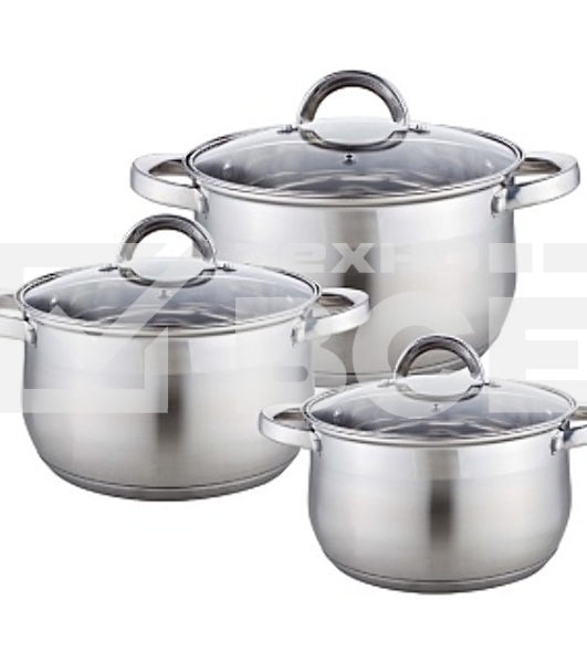 Набор посуды WEBBER BE-617/6 из нерж.стали 6 пр. 2,9л, 5,1л, 6,6л со стеклянными крышками В наборе 6 предметов: кастрюля со стеклянной крышкой 18х11,5см; 2,9л кастрюля со стеклянной крышкой 22х13,5см; 5,1л кастрюля со стеклянной крышкой 24х14,5см; 6,6л Толщина стали 0,5 мм