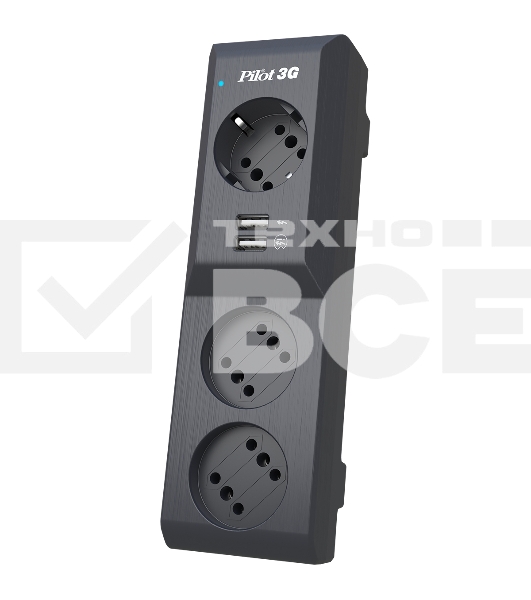 Сетевой фильтр Surge protector Pilot 3G 3xGP euro outlets, 10А/2.2кВа, 2xUSB, 7m, черный