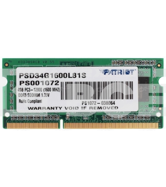 Оперативная память Patriot, DDR3L, 4GB (1x4 GB), 1600 MHz, CL11, SO-DIMM