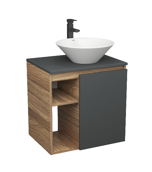 Тумба Bau Dream Blackwood 60 правая, графит, раковина BAU Dream D43, смеситель для раковины высокий Hotel Black, черный
