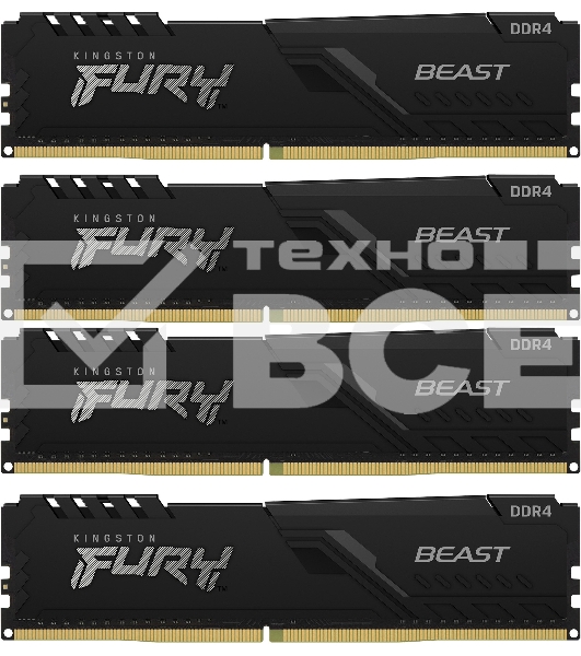 Оперативная память Kingston Fury Beast, DDR4, 32GB (4x8GB), 3600MHz, CL17, с радиаторами, черный