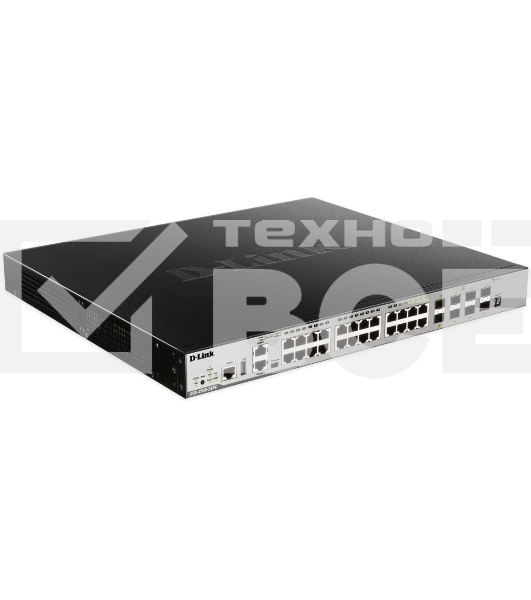 Коммутатор Managed L3 Stackable Switch 20x1000Base-T PoE, 4x10GBase-X SFP+, 4xCombo 1000Base-T PoE/SFP, PoE Budget 370W (740W with DPS-700), Surge 6KV, CLI, 1000Base-T Management, RJ45 Console, mini-USB Console, USB, RPS, Alarm RJ-45, Dying Gasp, Standard