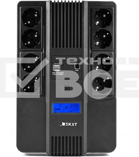 Источник бесперебойного питания Бастион SKAT-UPS 800-AID-IN-1x9-8 ИБП 220В 480Вт, LCD, АКБ 1x 9А·ч, line interactive, мод.синус, 8хSchuko,2xUS (8933)
