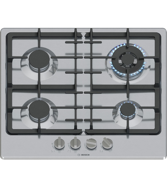 Газовая варочная панель Bosch PGH6B5K90R Serie 4, 60см, нержавеющая сталь, 4 конфорки,1 WOK-конфорка c 2 контурами пламени, составные чугунные решетки, газ-контроль, автоматический электроподжиг, сделано в Испании