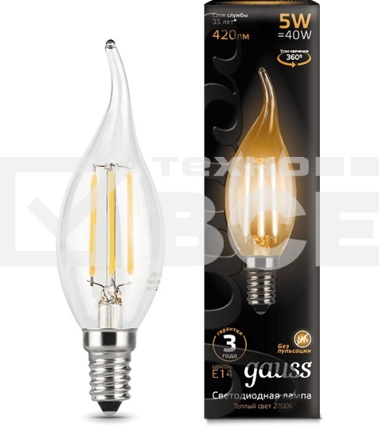 Лампа филам. Gauss Filament 5Вт цок.:E14 свеча 220B 2700K св.свеч.бел.теп. (упак.:10шт) (104801105)