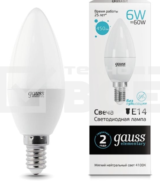 Лампа GAUSS LED Elementary Candle 6W E14 4100K LD 33126