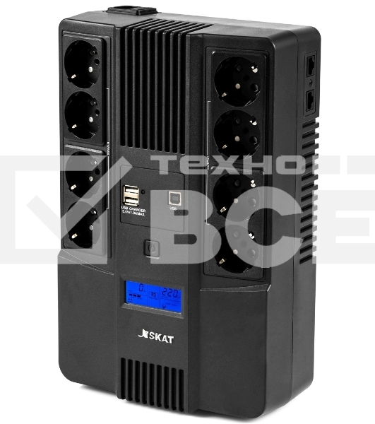 Источник бесперебойного питания Бастион SKAT-UPS 800-AID-IN-1x9-8 ИБП 220В 480Вт, LCD, АКБ 1x 9А·ч, line interactive, мод.синус, 8хSchuko,2xUS (8933)