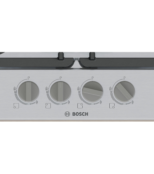 Газовая варочная панель Bosch PGH6B5K90R Serie 4, 60см, нержавеющая сталь, 4 конфорки,1 WOK-конфорка c 2 контурами пламени, составные чугунные решетки, газ-контроль, автоматический электроподжиг, сделано в Испании
