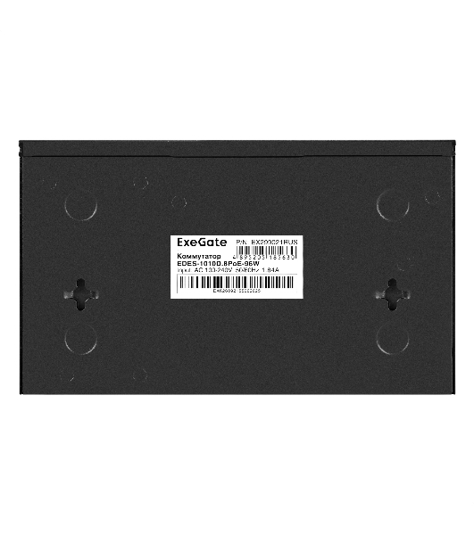 Коммутатор неуправляемый ExeGate EDES-1010D.8PoE-96W (10-портовый UTP 10/100 Base-Tx: 8 портов IEEE 802.3af (PoE), мощность PoE: 25W, суммарно 96W, 2 порта RJ45 uplink, настенный/настольный, металлический корпус)