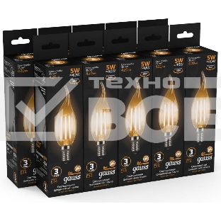 Лампа филам. Gauss Filament 5Вт цок.:E14 свеча 220B 2700K св.свеч.бел.теп. (упак.:10шт) (104801105)