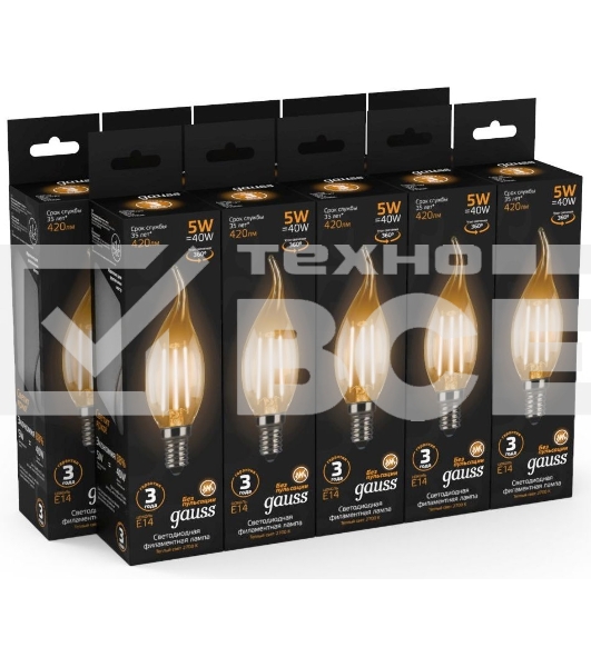 Лампа филам. Gauss Filament 5Вт цок.:E14 свеча 220B 2700K св.свеч.бел.теп. (упак.:10шт) (104801105)