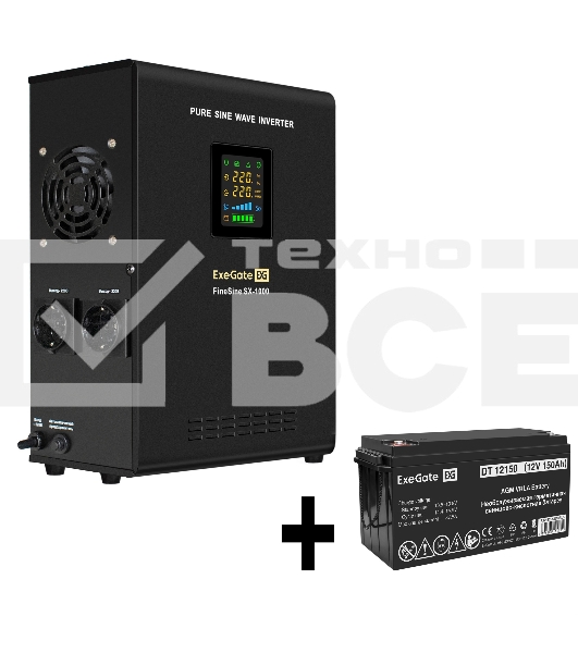 Комплект ИБП EX295997RUS + батарея 150Aч EX282990RUS 1шт (инвертор, синус, для котла, настенный) ExeGate FineSine SX-1000.LCD.AVR.2SH <1000VA/600W, чистая синусоида, цветной LCD-дисплей, AVR, 2*Schuko, линейно-интерактивный, крепление настенное/универсаль
