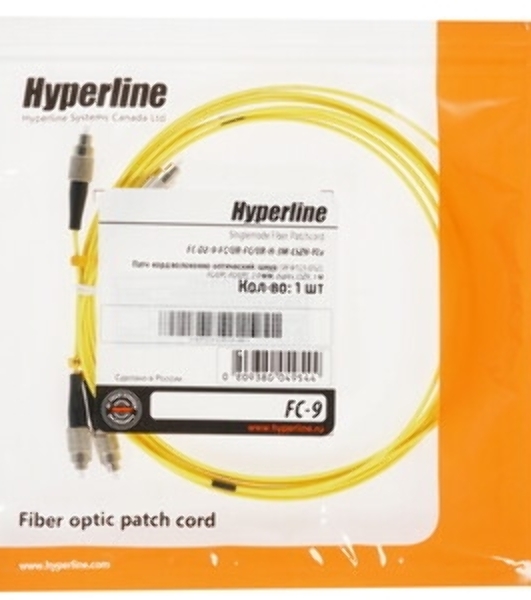 Патч-корд волоконно-оптический Hyperline FC-D2-9-FC/UR-FC/UR-H-1M-LSZH-YL(шнур) SM 9/125 (OS2), FC/UPC-FC/UPC, 2.0 мм, duplex, LSZH, 1 м