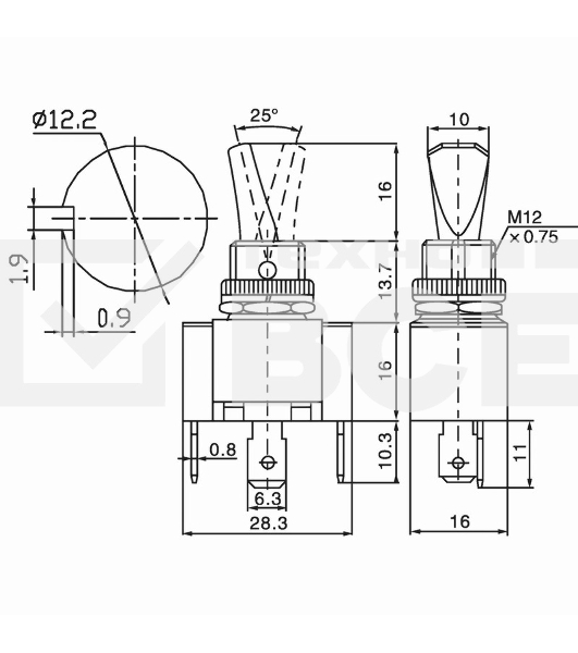 Тумблер 12V 30А (3c) ON-OFF однополюсный  с красной LED подсветкой  Rexant