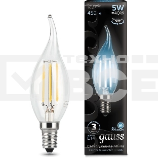 Лампа филам. Gauss Filament 5Вт цок.:E14 свеча 220B 4100K св.свеч.бел.ней. (упак.:10шт) (104801205)