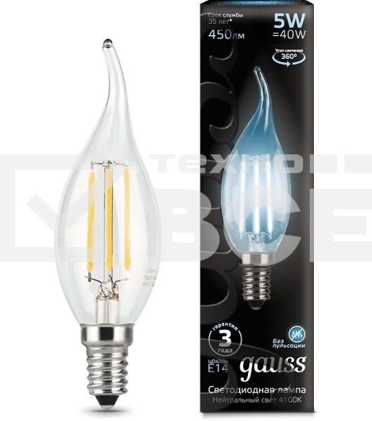 Лампа филам. Gauss Filament 5Вт цок.:E14 свеча 220B 4100K св.свеч.бел.ней. (упак.:10шт) (104801205)