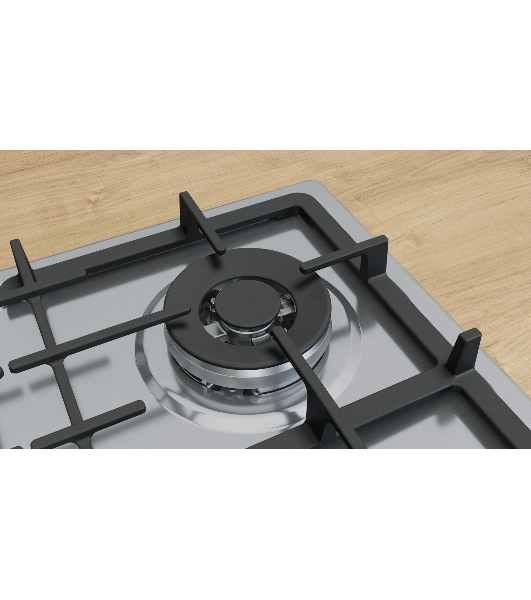 Газовая варочная панель Bosch PGH6B5K90R Serie 4, 60см, нержавеющая сталь, 4 конфорки,1 WOK-конфорка c 2 контурами пламени, составные чугунные решетки, газ-контроль, автоматический электроподжиг, сделано в Испании