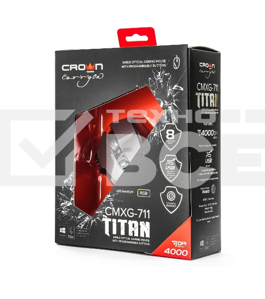Мышь проводная Crown Gaming CMXG-711 черный, 4000 dpi, USB, кнопки - 8