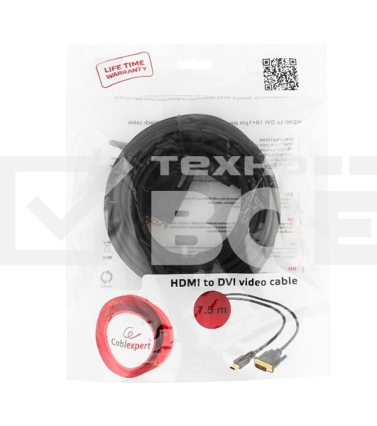 Кабель HDMI-DVI Cablexpert CC-HDMI-DVI-7.5MC, 19M/19M, single link, медь, позол.разъемы, экран, 7.5м, черный, пакет