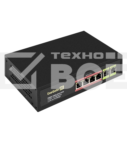 Коммутатор неуправляемый ExeGate EDGS-1006D.4PoE-65W (6-портовый гигабитный UTP 10/100/1000 Base-T: 4 порта IEEE 802.3af (PoE), мощность PoE: 15,4W, суммарно 65W, 2 порта RJ45 uplink, настенный/настольный, металлический корпус)