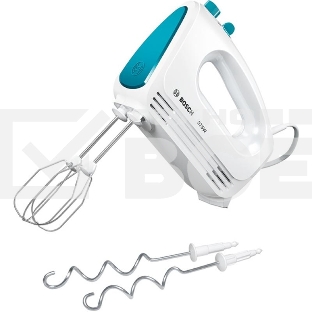 Миксер Bosch MFQ2210D , 375 Вт, цвет: белый/ голубой,  4 скорости+ импульс.режим, 2 крюка+ 2 венчика