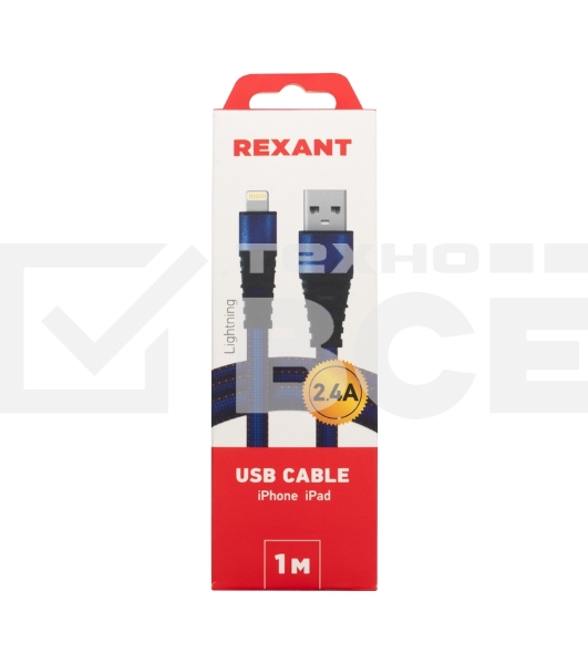 Кабель Rexant USB-Lightning 2.4 A, 1 м, синяя нейлоновая оплетка