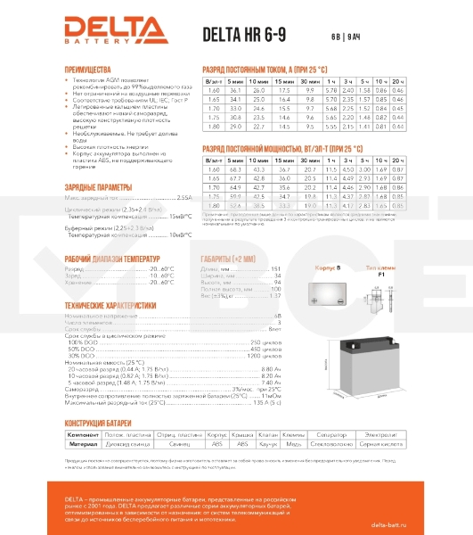 Батарея Delta HR 6-9 (634W) (6V, 9Ah)