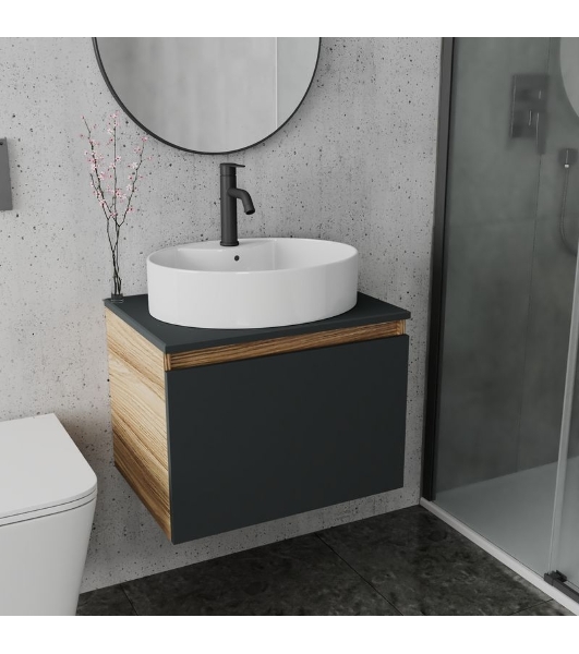 Комплект для ванной, 3 предмета (Тумба подвесная Bau Blackwood 60 графит + Раковина BAU 51х41, с отв. под см-ль, Смеситель Dream Black, черный)