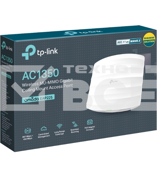 Точка доступа AC1350 Wireless MU-MIMO Gigabit Ceiling Mount Access Point, 450Mbps at 2.4GHz + 867Mbps at 5GHz, 802.11a/b/g/n/ac wave 2, Beamforming, Airtime Fairness, MU-MIMO, 802.3af Standard PoE and Passive PoE (Passive POE Adapter included), no more DC