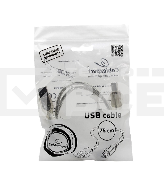 Кабель Cablexpert USB 2.0 Pro, AM/BM, 0,75м, экран, 2 феррит.кольца, прозрачный (CCF-USB2-AMBM-TR-0.75M)