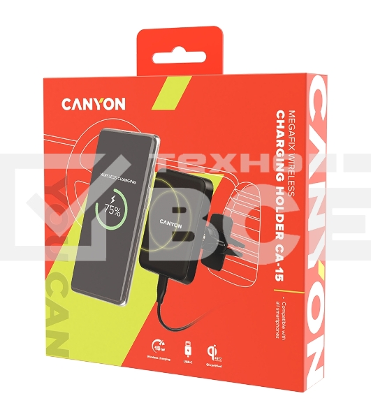 Универсальный магнитный автомобильный держатель с беспроводной зарядкой Car holder and wireless charger MegaFix, C-15, 15W, Input: USB-C: 5V/2A, 9V/3A; Output: 5W, 7.5W, 10W, 15W;89*65*12mm,0.195kg,black