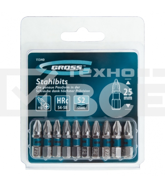 Набор бит GROSS РZ2x25, сталь S2, 10шт 11340