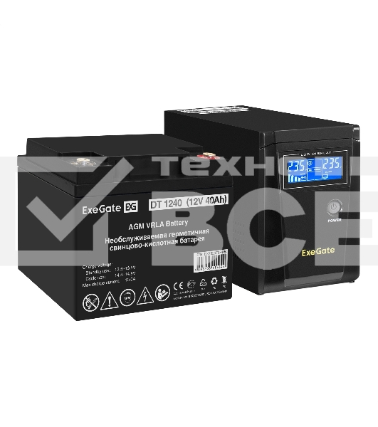 Комплект ИБП EX295986RUS + батарея 40Aч EX282976RUS 1шт (инвертор, синус, для котла) ExeGate SineTower SZ-600.LCD.AVR.1SH <600VA/360W, чистый синусоида, LCD дисплей, AVR, 1*Schuko, линейно-интерактивный, Black> + батарея ExeGate DT 1240 (12В, 40Ач) 1шт