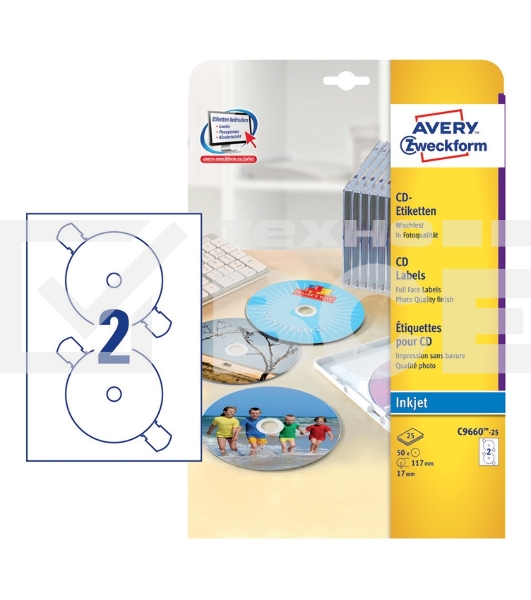 Этикетки самоклеящиеся для лазерной печати Avery Zweckform CD/DV C9660-25 A4, 196 г/м2, 25 л, покрытие супер глянец, белый