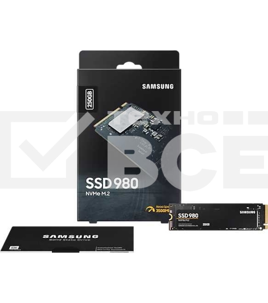 Накопитель SSD Samsung 980, 250GB, PCIe 3.0 x4, M.2 2280, NVMe, R/W 2900/1300