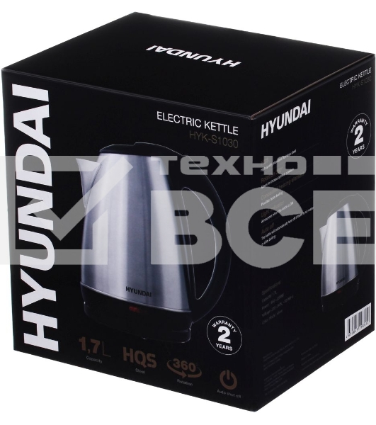 Чайник электрический Hyundai HYK-S1030 1.7л. 2200Вт серебристый матовый/черный (корпус: металл)