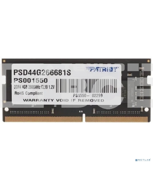 Оперативная память Patriot Signature, DDR4, 4GB (1x4 GB), 2666 MHz, CL19, SO-DIMM