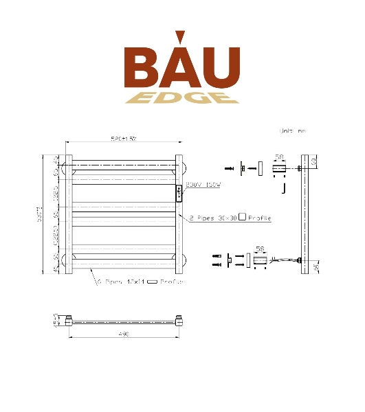 Полотенцесушитель дизайнерский электрический BAU Elite Black 53х52, подключение справа, черный матов