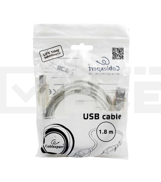 Кабель USB 2.0 Pro Cablexpert CCF-USB2-AMBM-TR-6, AM/BM, 1,8м, экран, феррит.кольца, прозрачный, пакет