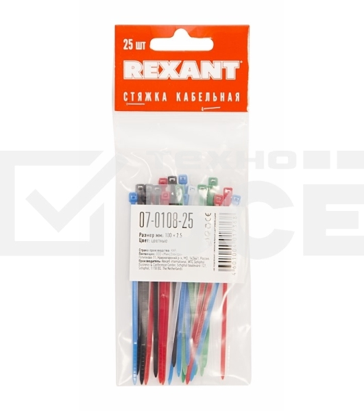 Хомут-стяжкa нeйлонoвая Rexant 100x2,5 мм, цветная, упаковка 25 шт.