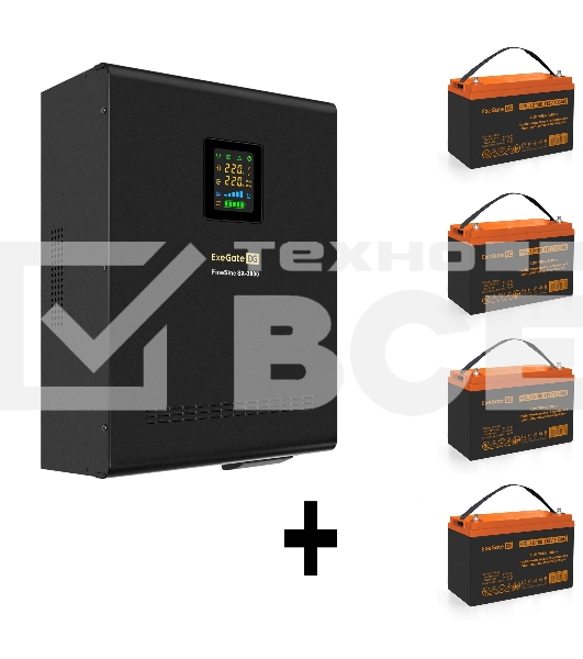 Комплект Источник бесперебойного питания EX296003RUS + батарея 100Aч EX285656RUS 4шт (инвертор, синус, для котла, настенный) ExeGate FineSine SX-3000.LCD.AVR.2SH.T <3000VA/2100W, чистая синусоида, цветной LCD-дисплей, AVR, 2*Schuko+клеммы, линейно-интерак