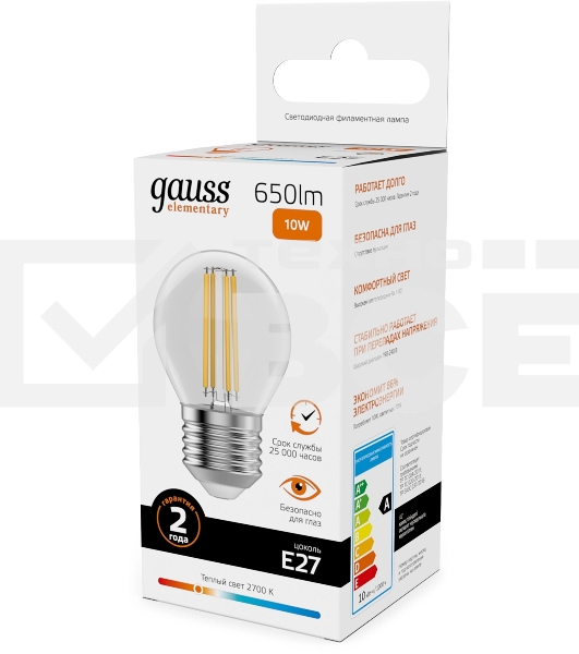 Лампа филам. Gauss Filament 10Вт цок.:E27 шар св.свеч.бел.теп. (упак.:10шт) (52210)