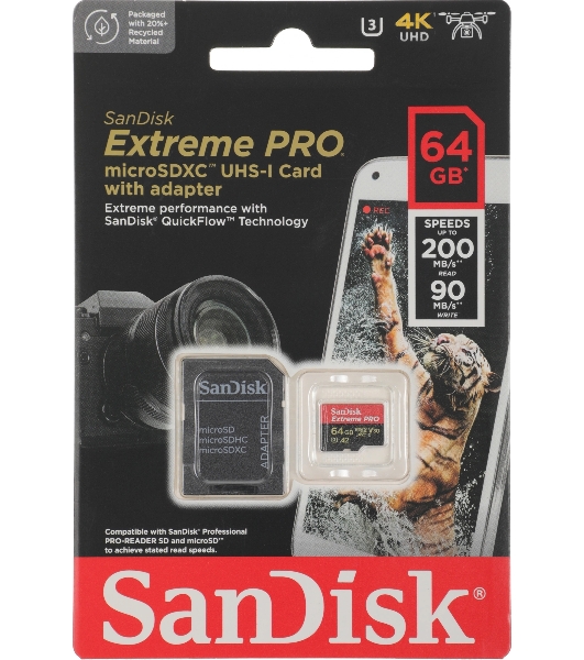 Флеш карта SanDisk Extreme Pro microSD UHS I Card 64GB for 4K Video on Smartphones, Action Cams & Drones 200MB/s Read, 90MB/s Write, Lifetime Warranty