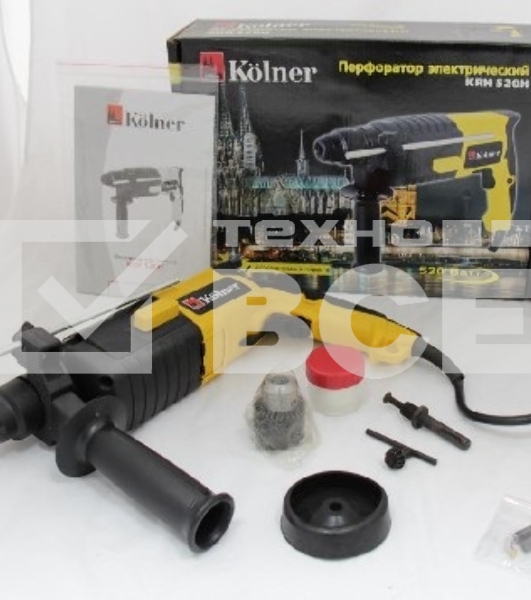 Перфоратор KOLNER KRH 520H(Перфоратор 500 Вт, SDS+, 1,5Дж, 0-850 об/мин, 2 режима, макс.диам.сверл(бетон) 20мм, ПВХ кабель 2м. (доп. рукоятка, глубомер))