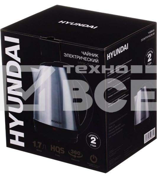 Чайник электрический Hyundai HYK-S1030 1.7л. 2200Вт серебристый матовый/черный (корпус: металл)