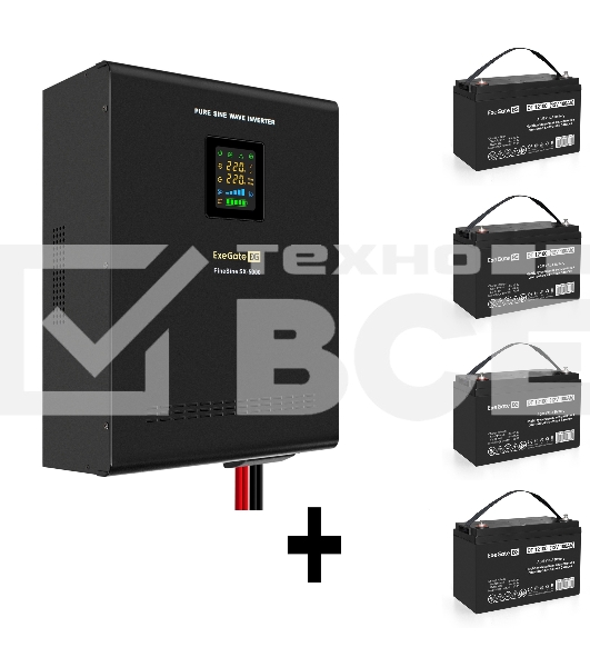 Комплект Источник бесперебойного питания EX296004RUS + батарея 100Aч EX282985RUS 4шт (инвертор, синус, для котла, настенный) ExeGate FineSine SX-5000.LCD.AVR.2SH.T <5000VA/3500W, чистая синусоида, цветной LCD-дисплей, AVR, 2*Schuko+клеммы, линейно-интерак